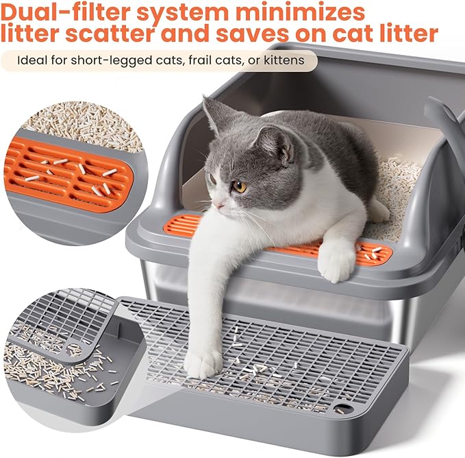 Stainless Steel Cat Litter Box, Metal Kitty Litter Box Includes Litter Mat & Scoop, Easy Cleaning Anti-Scratch Kitty Cat Box Anti-Urine Leakage, Non-Sticky, Perfect for Small Cats, Grey
