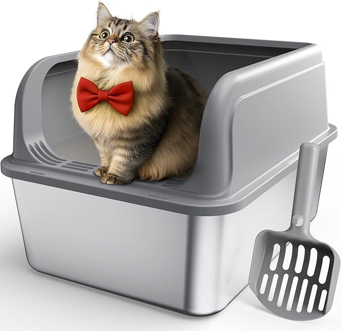 Stainless Steel Cat Litter Box, Metal Litter Box with Scoop, High- Sided, Anti-Leakage Top Entry, Non-Sticky, Easy to Clean, Grey, M (1 Pack)