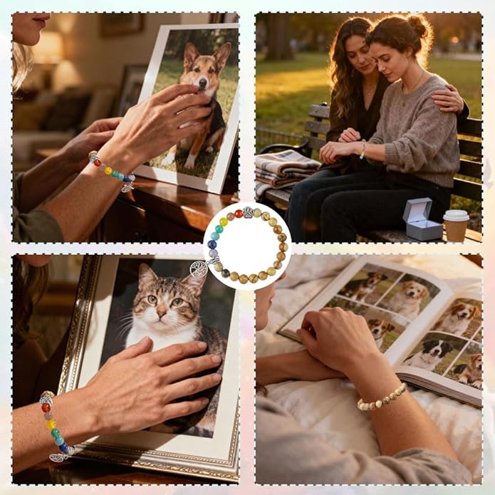Pet Memorial Gifts, Sympathy Gift for Loss of Dogs and Cats, Chakra Rainbow Bridge Bracelet for Women Men Who Lost Pets