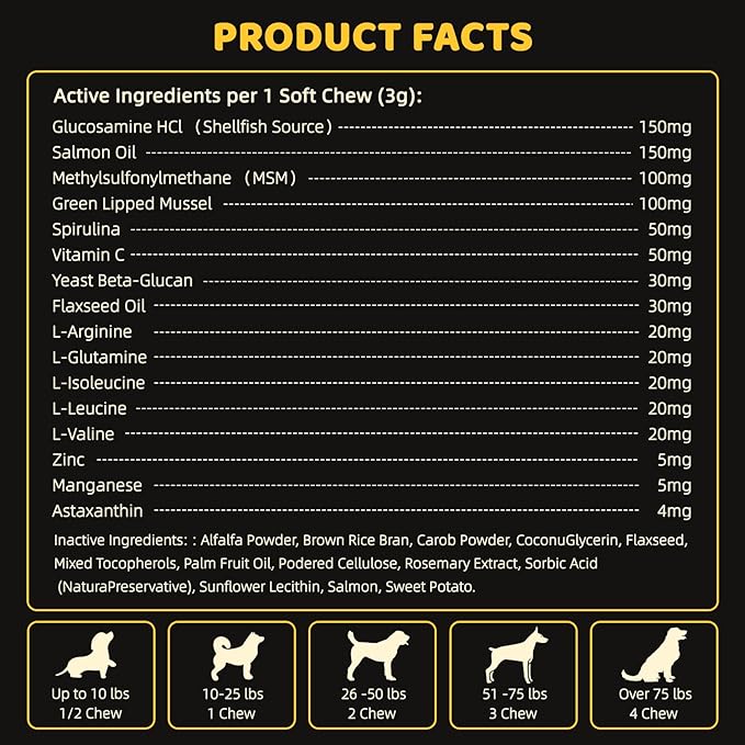 Muscle Gain Chewable Tablets for Dogs: with BCAAs L-Arginine Glucosamine Spirulina and Salmon Oil - Supplement for Muscle Growth Strength and Joint Health - for All Dog Breeds & Ages