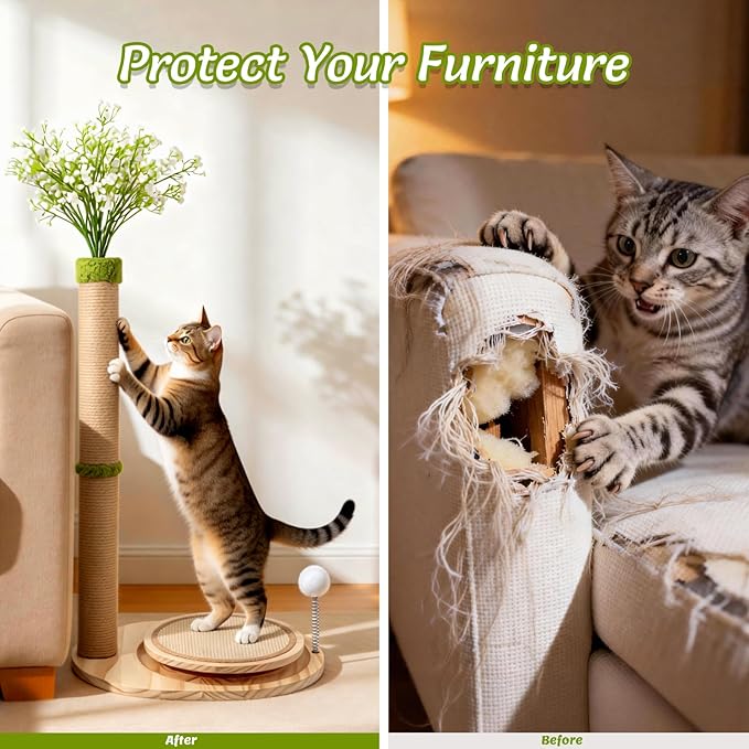 Cute Babys Breath Flower Cat Scratching Post, 39" Tall Cat Tree, Interactive Cat Toys with Ball Track & Spring Ball, Cat Scratcher with Pad for Indoor Cats Adults and Kittens