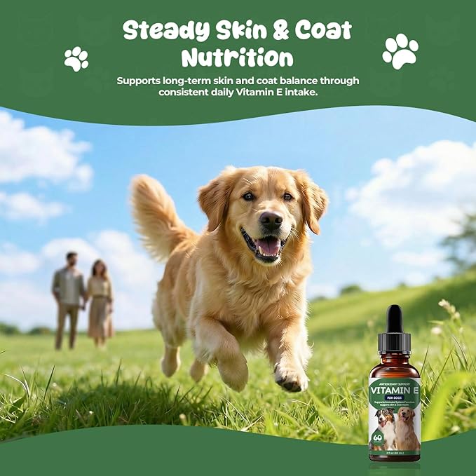 Vitamin E Supplement for Dogs Liquid, Daily Skin & Coat Nutrition Oil, Supports Moisture Balance, Cellular Protection & Overall Canine Wellness, 2 fl oz (60 mL)