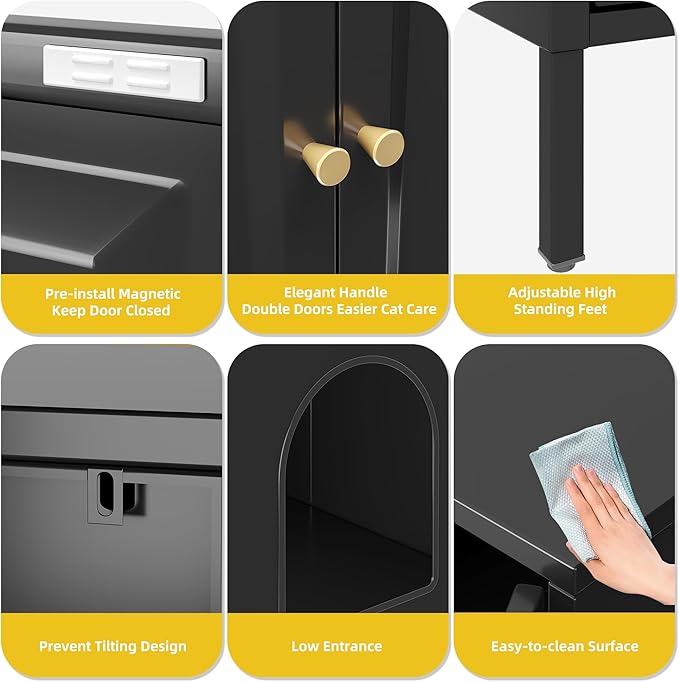 METAN Metal Cat Litter Box Enclosure,Steel Cat Washroom Furniture with Barn Door, Pet House, Fit Most of Litter Box,Assembly Required,Black, (Black)