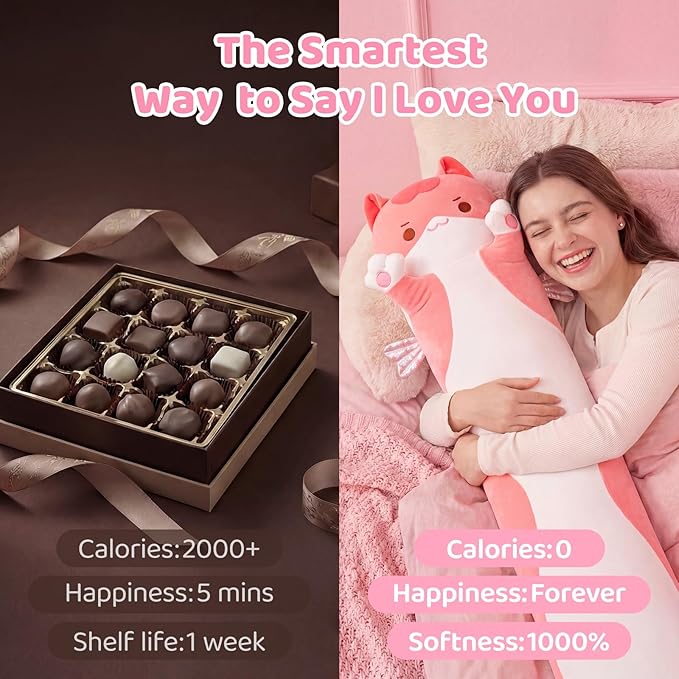 Mewaii Long Cat Plush 5 Sizes, 120% Extra Filling Giant Plushness Kids Body Pillow, Kawaii Cute Pink Cat Stuffed Animals Plushies, Big Long Body Pillow Cat Plush Gift for Girls 44”
