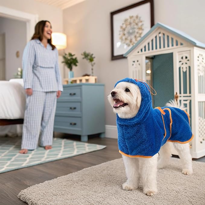 EXPAWLORER Soft Dog Bathrobe with Hood, Super Absorbent & Quick-Drying Dog Towels, Cozy Drying Coat for After Bath,Swimming, Blue S