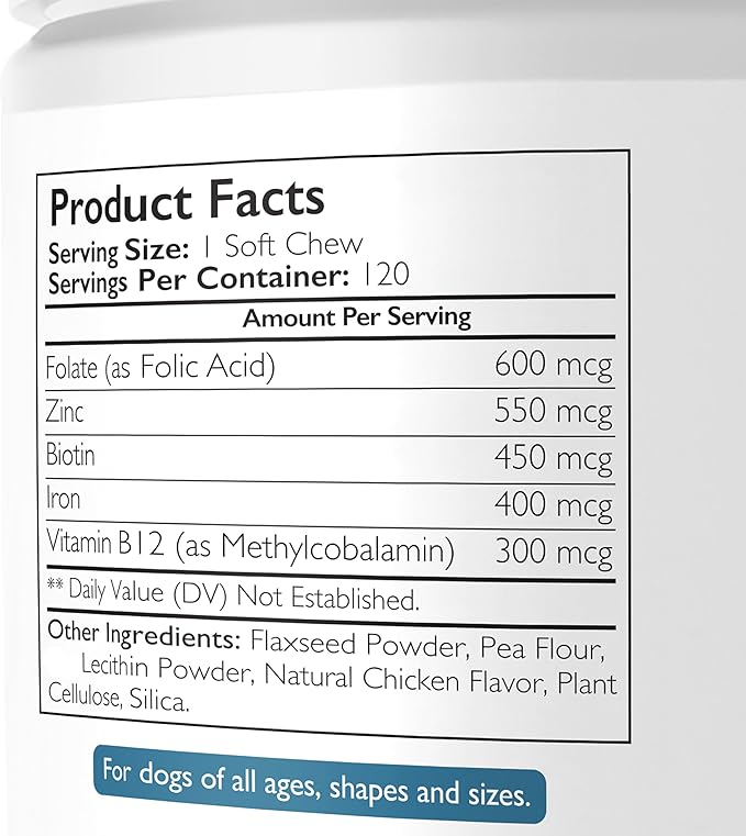 Folate for Dogs to Promote Cardiovascular & Prenatal Health, Support DNA Synthesis & Cell Maintenance, Folic Acid for Dogs with Zinc, Biotin, Iron & Vitamin B12, 120 Soft Chews