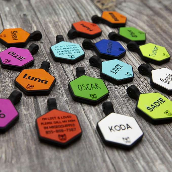 Silicone Silent Dog Tag Personalized with 5 Lines of Custom Deep Engraved Durable Soundless Pet ID Name Tag Hexagon Pink