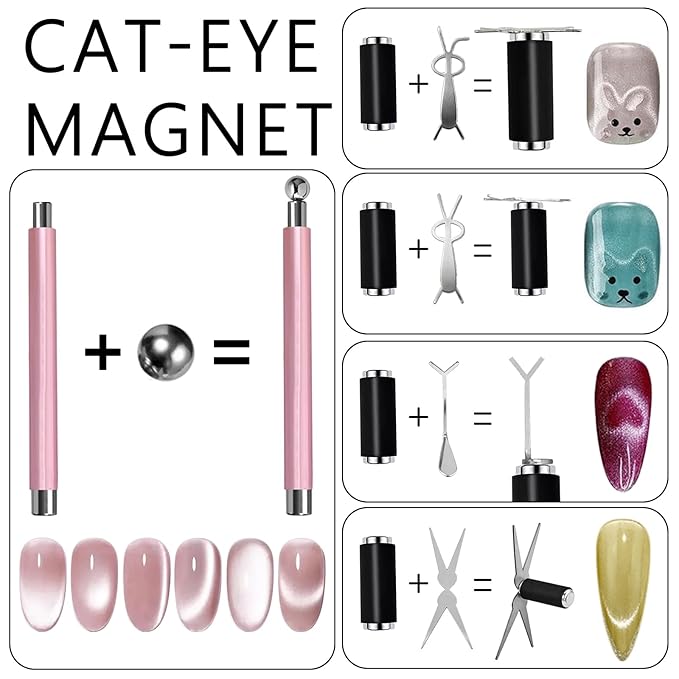 DANNEASY 9pcs Cat Eye Magnet Set, 3-in-1 Heart Magnet for Nails, Strong Cylindrical Magnet with Scissor-Shaped/Y-Shaped Brackets/Bunny-Shaped Plates for French Heart Bunny Cat Eye Nail Art Effect