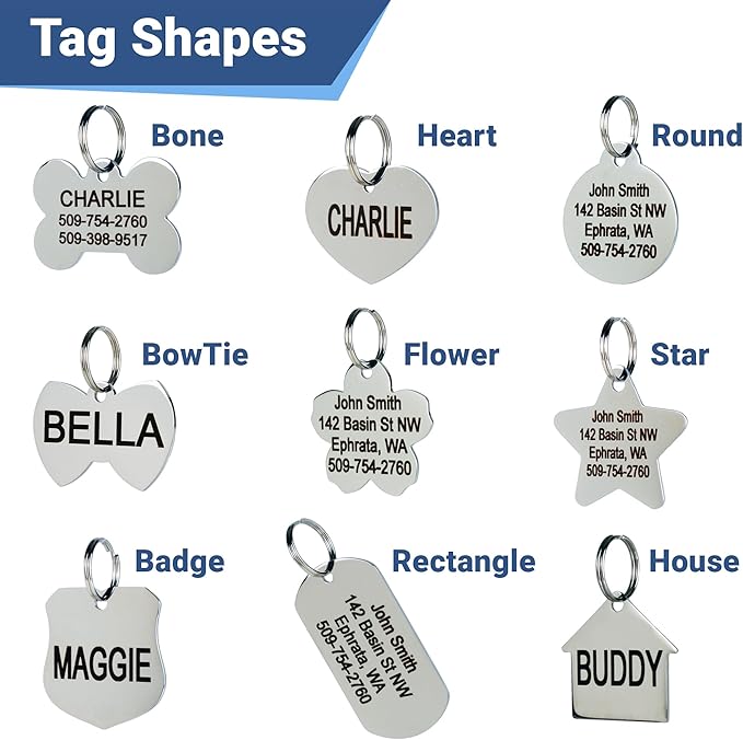 GoTags Stainless Steel Pet ID Tags, Personalized Dog Tags and Cat Tags, up to 8 Lines of Custom Text, Engraved on Both Sides, in Bone, Round, Heart, Bowtie and More (Rectangle, Small (Pack of 1))