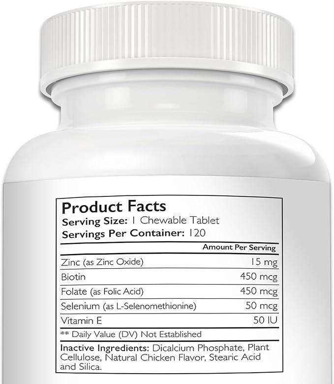 Zinc for Dogs to Support Healthy Skin & Coat, Promote Normal Growth, Balanced Immune Function & Cellular Metabolism, with Biotin, Folate, Selenium & Vitamin E, 120 Chewable Tablets