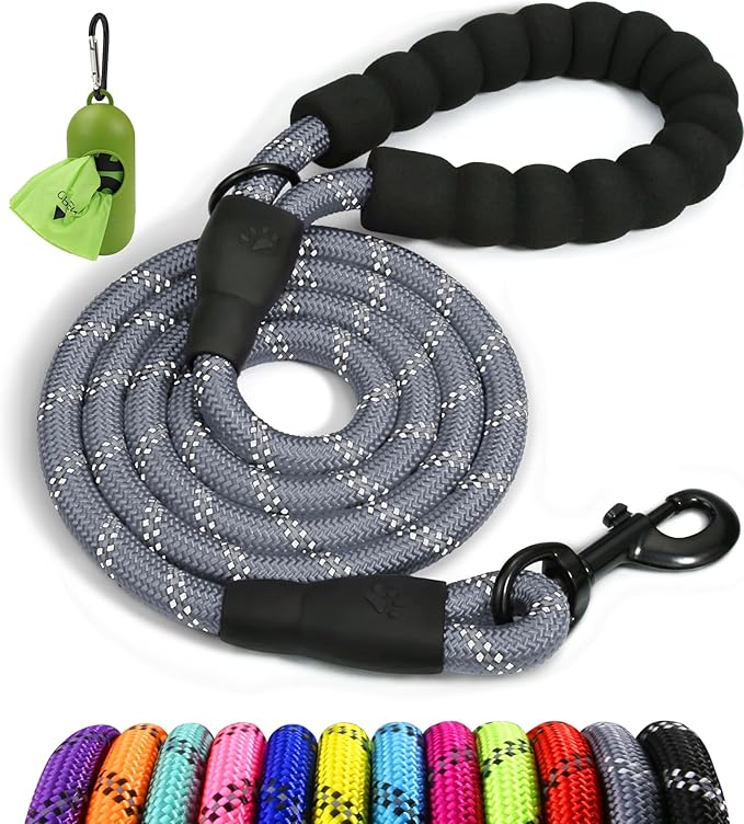 Taglory Rope Dog Leash 5 FT with Comfortable Padded Handle, Highly Reflective Threads Leash and Anti-Tangle Clip for Walking Small Dogs, 3/8 inch, Grey