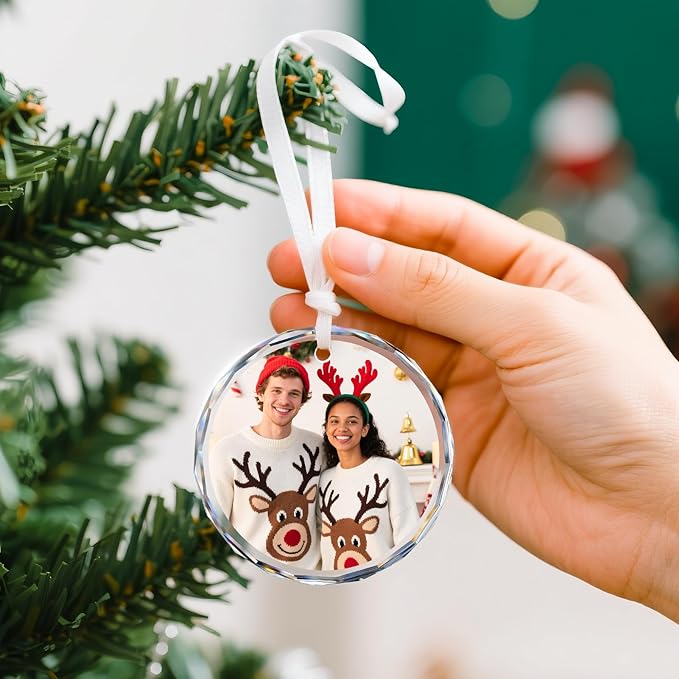 Personalized Christmas Ornaments with Photo - Custom Christmas Ornament - Customized Crystal Glass Christmas Tree Decor Gifts for Family, Couples, Friends, Pets, Baby