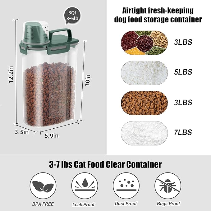 3-5Lbs/3Qt Dog Cat Food Storage Container With Foldable Bowl. Plastic Pet Food Dispenser for Small Animal Kibble/Pet Food/Bird Seed/Oatmeal/Rice/Flour/Brown Sugart/Cereals (Dark Green)
