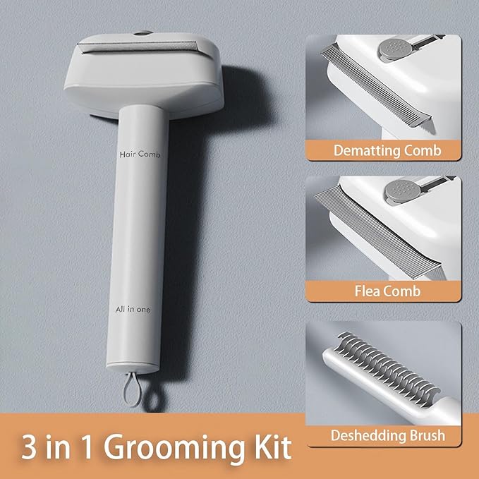 Upgraded 3 in 1 Grooming Kit for Pets, Double-Sided Undercoat Rake for Shedding, Dematting Comb for Cats, Deshedding Dog Brush, Flea Comb, Suitable for Short & Thick Coat, Pet Friendly Teeth