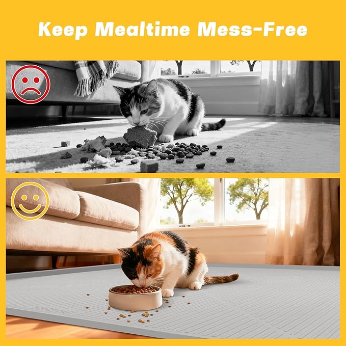 Lorvain 45" x 30" Cat Food Mat, Extra Large Silicone Pet Feeding Mat with Raised Edges, Pet Placemat for Cat Dog Food and Water Bowl Waterproof, Non-Slip, Easy to Clean, Floor Protection, Grey