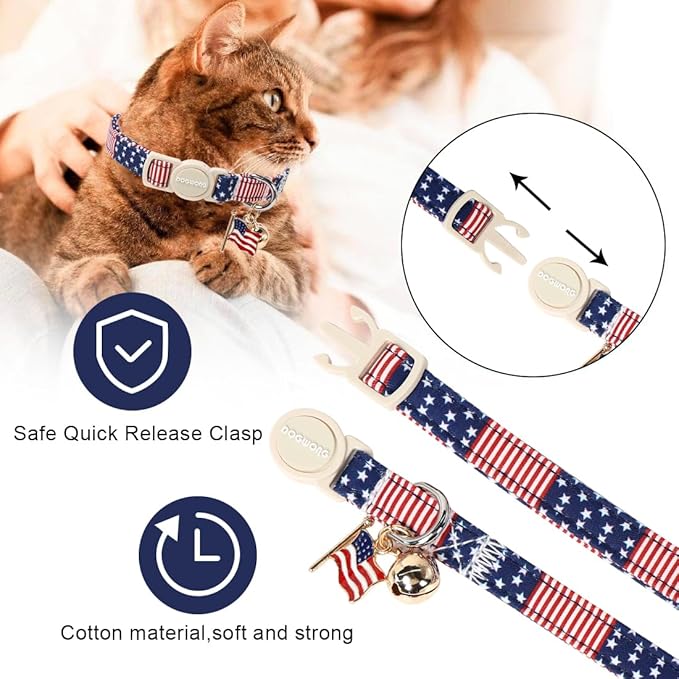 2 Pack American Flag Cat Collars Breakaway with Bell, DOGWONG Safety Buckle Independence Patriotic Cute Cat Collar for Girl Boy Cats，Adjustable 7-12 Inch