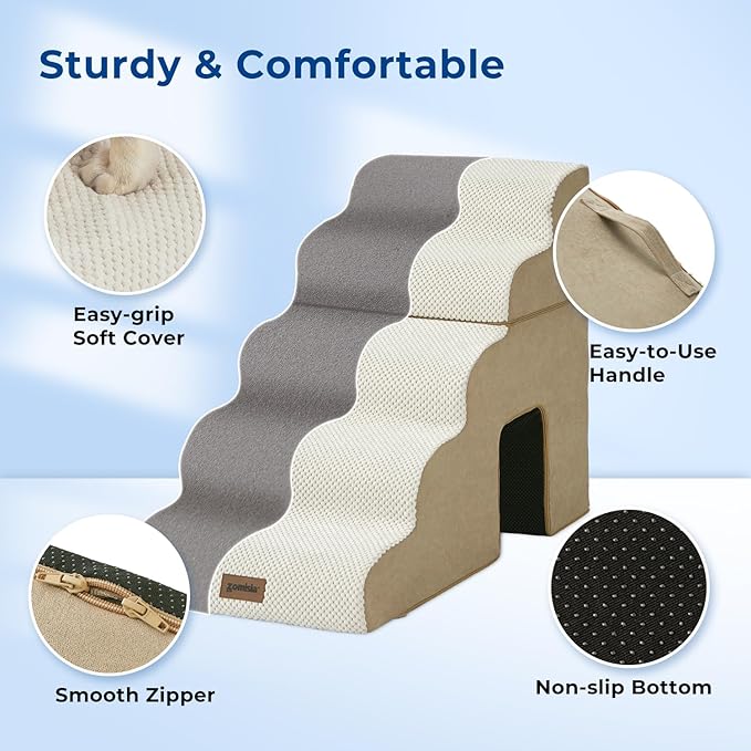 Dog Ramp for Large Dogs - 24" H 5 Steps Pet Stairs for High Bed with Tunnel 2 in 1 with Zippers Suitable, Indoor Cat Ladders with Non-Slip Bottom, Beige