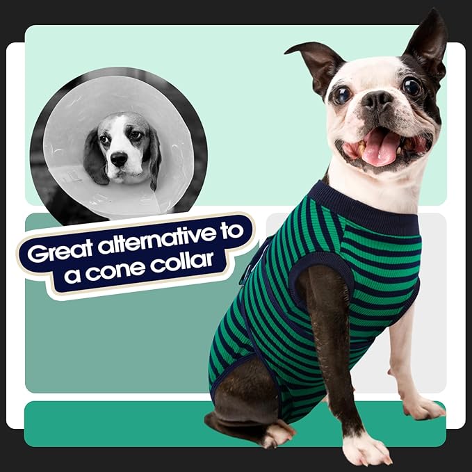 FUAMEY Recovery Suit for Dogs After Surgery,Soft Breathable Dog Bodysuit E-Collar & Cone Alternative Surgical Suit,Male Female Dog Neuter Spay Suits Anti Licking Wounds Onesie Green Black Stripes XL