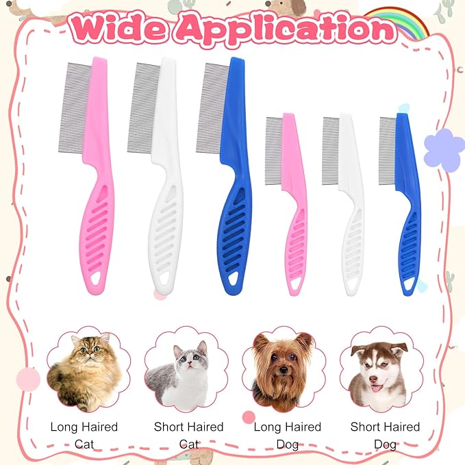 24 Pcs Flea Comb for Dogs and Cats Flea Remover Tool with Stainless Steel Metal Teeth for Detangling Grooming Kit, Pink, Blue and White, 2 Sizes