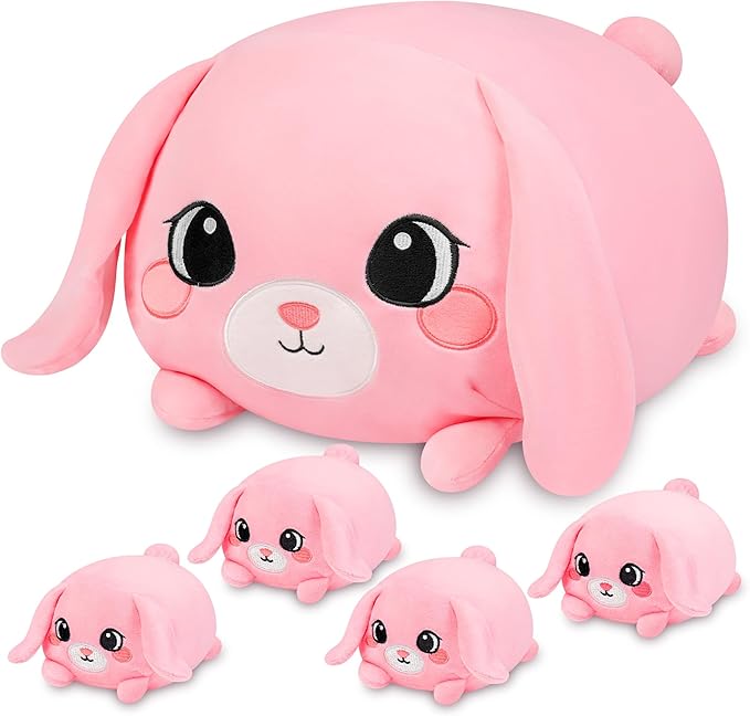 Pink Bunny Plush, Rabbit Mommy Stuffed Animal Set with 4 Baby Bunnies, Soft Stuffed Toy Pillow, Cute Birthday for Kids Boys Girls