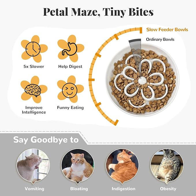 Melamine Cat Slow Feeder Bowl Set - Floral Maze Food Dishes for Cats and Small Dogs - Shallow Wide Plates for Dry & Wet Food - 3 Pack - Green & Blue & Pink