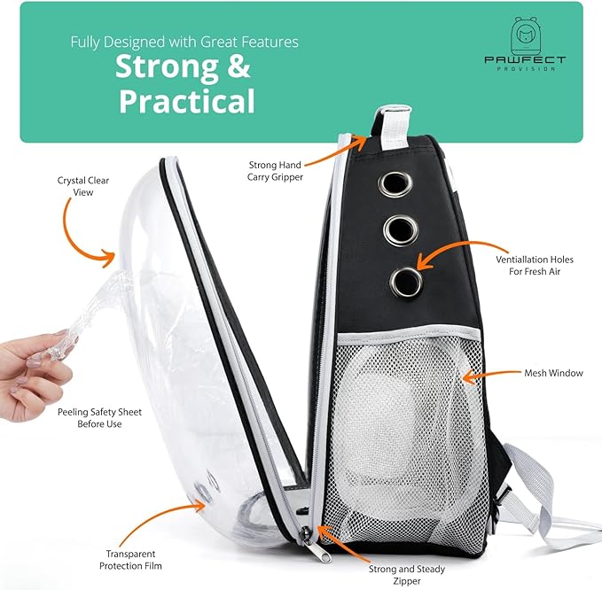 Cat Backpack Carrier with Collapsable Dog Bowl, Cat Collar & Interactive Cat Toy (4 Pcs Set)- Airline Approved Cat Carrier Bag for Medium Dogs & Cats, Animal Carrier Backpacks, Pet Backpack |Black