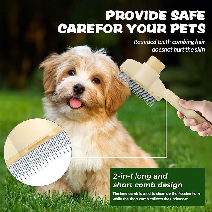 2PCS Pet Comb for Dogs & Cats Pet Hair Removal Comb with Long & Short Stainless Steel Metal Teeth for Shedding and Tangles Self-Cleaning Cat Grooming Brush with Release Button (2PCS set)