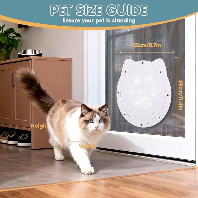 Cat Door for Screen Door, Cat Screen Door, Pet Screen Doors with Lockable Magnetic Flap for Doggy and Cat Door, 11.42 x 8.66 x 0.39in (White)
