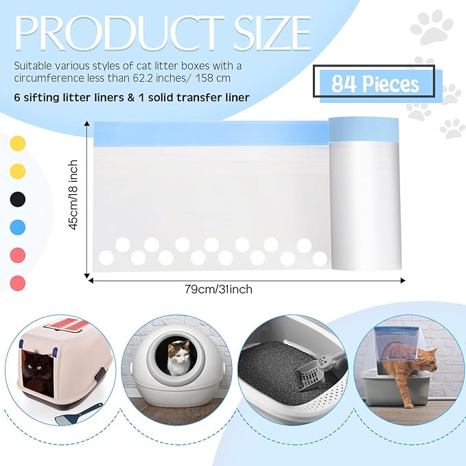Jutom 14 Count Sifting Litter Box Liners, Drawstring Jumbo Sifting Cat Litter Bags with Holes, 31 x 18 Inch Portable Thick Scratch Resistant Drawstring Bags for Pet Cats