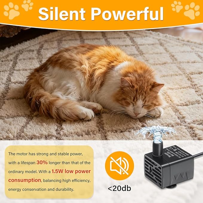 Ultra-Quiet Replacement Pump for Cat Water Fountains Submersible Pet Drinking Fountain Dog Water Dispenser Pump 5V IPX8 Waterproof （USB Cable）