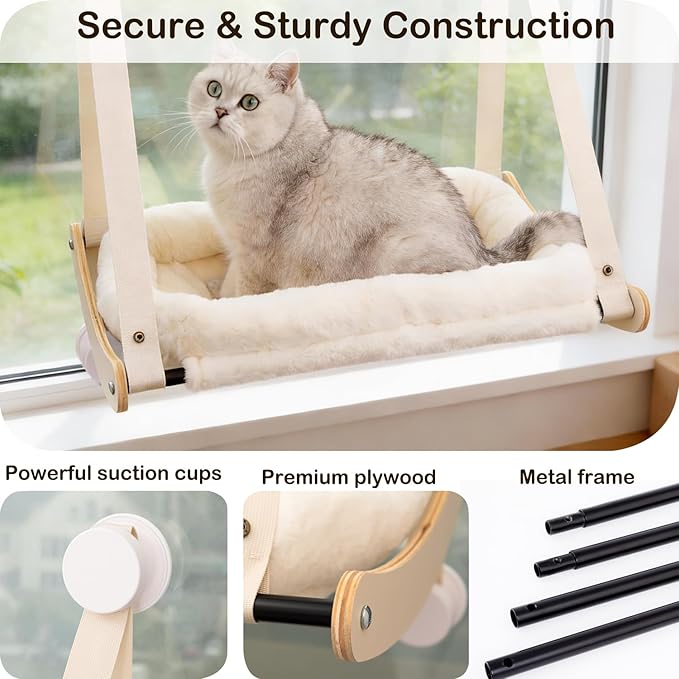 Kilodor Cat Window Perch, Cat Hammock for Window with 4 Strong Suction Cups - Easy Assembly, Solid Wood Frame with Large Cats Bed - Supports Up to 40lbs for Indoor Cats