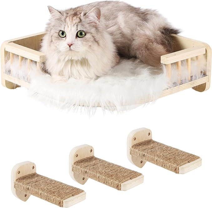 Cat Wall Shelves with 3 Steps Scratch Post, Climbing Shelf and Hammock for Indoor Cats (Wood)