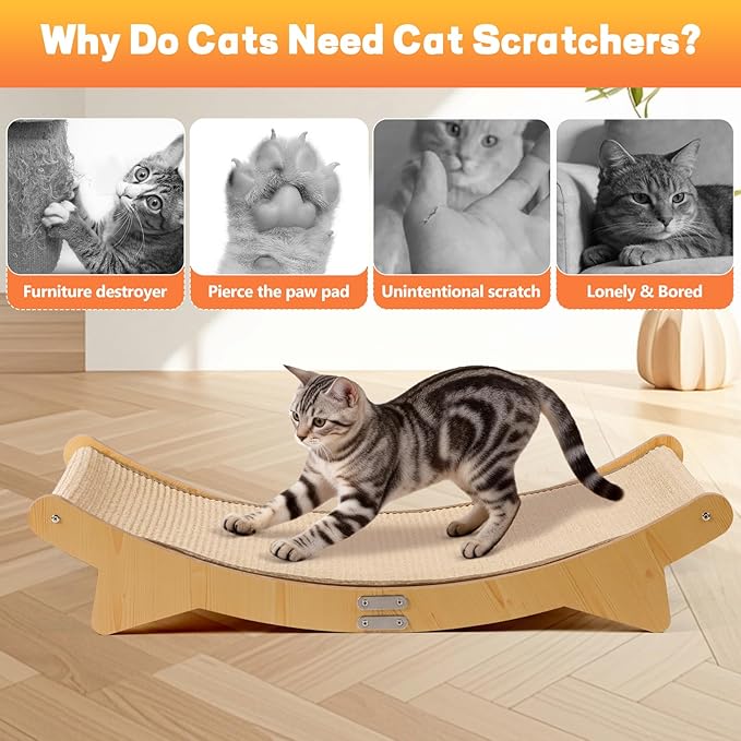 Extra Large Cat Scratcher Bed for Indoor Cats, Cats Scratcher Sofa with Sisal Scratch Mat & Soft Washable Mat, Wooden Cat Furniture Hammock Lounger for Lounge, Sleep, Scratch