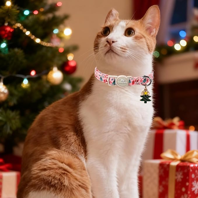 Christmas Cat Collar, 2 Pack Cute Breakaway Kitty Collar with Bell&Pendent, Soft Adjustable Christmas Pink and Red Santa Collar for Girl Boy Cats