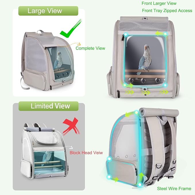 halinfer Front Zipper Opening Bird Carrier Backpack and Clamp Cups