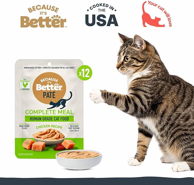 Because It's Better Pate Complete Meal, Chicken Recipe, 2.6 oz Pouches, Wet Cat Food, 12 Count