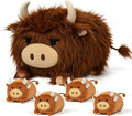 Highland Cow Stuffed Animal, Highland Cow Mommy Plush Set with 4 Baby Calves, Soft Stuffed Toy Pillow, Cute Birthday for Kids Boys Girls