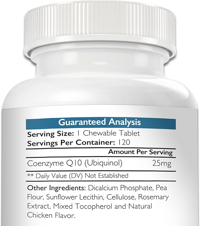 Coenzyme Q10 for Dogs Grain-Free Supplement, Ubiquinol - The Electron-Rich Form of CoQ10, Promotes Heart Health, Cognitive and Energy Support for Dogs, 120 Chewable Tablets