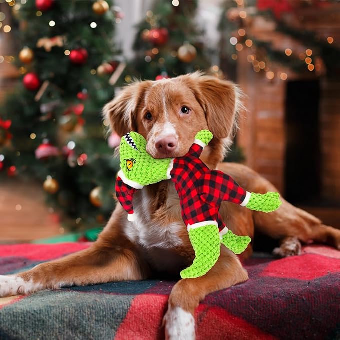 Christmas Dog Toys – Plush Reindeer & Snowman Holiday Set for Small and Medium Dogs, Soft Stuffed Chew Toys with Crinkle Ears, Festive Red Green Plaid, Cute Stocking Stuffer Gift