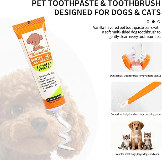 Dog & Cat Toothpaste Kit with Toothbrush & Finger Brush – 100g Vanilla Flavor Pet Toothpaste – Helps Reduce Plaque, Freshen Breath & Support Healthy Gums – Puppy & Adult Pet Dental Care