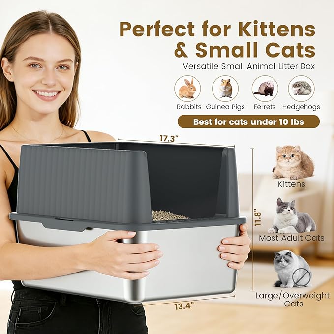 Small Stainless Steel Cat Litter Box - 11.8" High Sided, Open-Top Design,Low Entry for Kittens & Small Cats, Anti-Leak & Easy to Clean, Compact Space-Saving Size(17.3"L x 13.4"W × 11.8"H),Gray