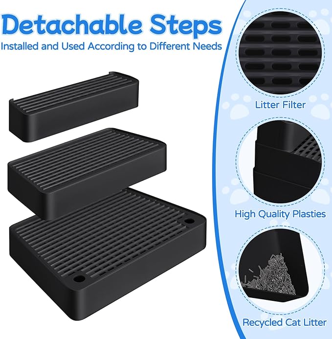 Extra Large 3 Steps Litter Box Ramp, Adjustable Cat Litter Box Step with Filter Function, Easy to Clean Cat Litter Stair Catcher for Elderly Cats and Kitten (Black)
