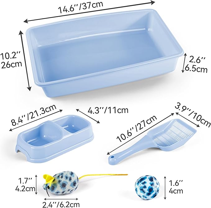 PAWISE Kitty Litter Box Set 5-Pieces - Shallow Cat Litter Pan, Cat Litter Scooper, Feeding Bowls, Kitten Starter Kit Mouse Toy, 14.5x10.5 Inches, Blue