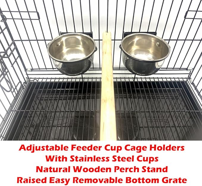 Durable Easy Portable Collapsible Metal Travel or Veterinary Collapsable Parrot Bird Carrier Bite-Proof Easy Clean Carrier Cage with Stainless Steel Feeder Bowls Natural Wooden Perch