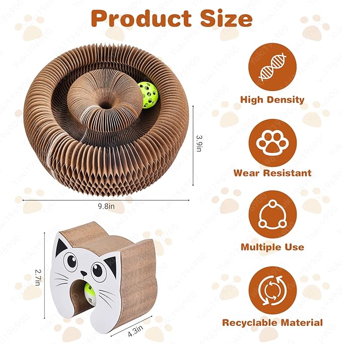 Kitty Curls Cat Toys Magic Organ Cat Scratcher Pad, Interactive Cat Toys for Indoor Cats with Compact Accordion Design and Bell Ball, Helps Relieve Anxiety, Boost Claw Health, Protect Furniture