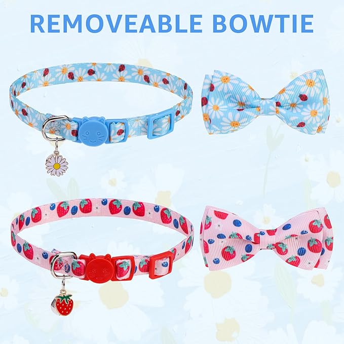 SCENEREAL Breakaway Cat Collar with Bell, 2 Pack Safety Adjustable Cat Collars with Pendant, Pink Personalised Puppy Kitten Collar with Bow for Spring Summer, Strawberry Daisy