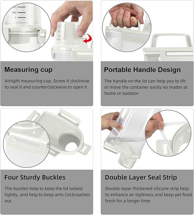 3-5Lbs Airtight Small Cat Dog Pet Food Storage Containers BPA Free, with Large Pour Spout/1 Measuring Cup/ 4 Safety Locks and Double-layer Silicone Strip (Off White 2Pack)