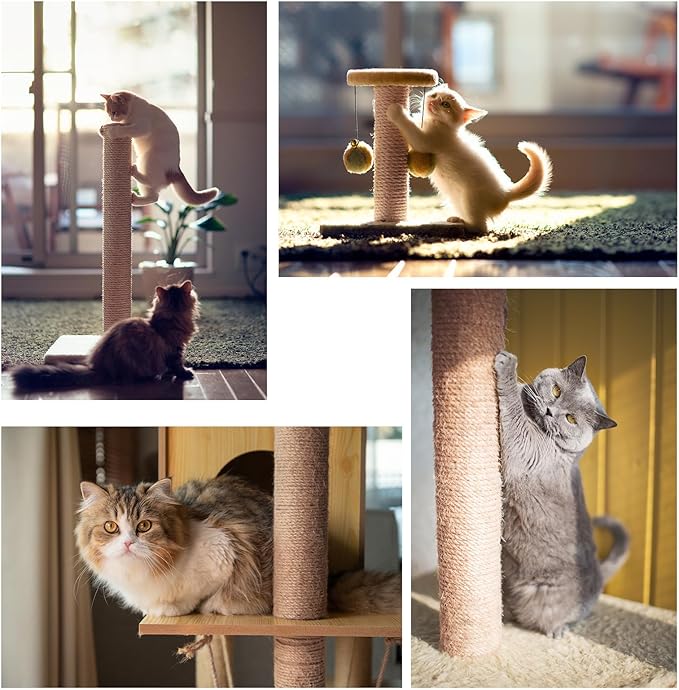 Natural Sisal Rope for Cat Scratcher,Cat Tree Rope Twine for Cat Scratching Post Replacement, Cat Tower with Scratch Post Repairing, Replace, Recovering and DIY（1/4 Inch by 33 Feet）