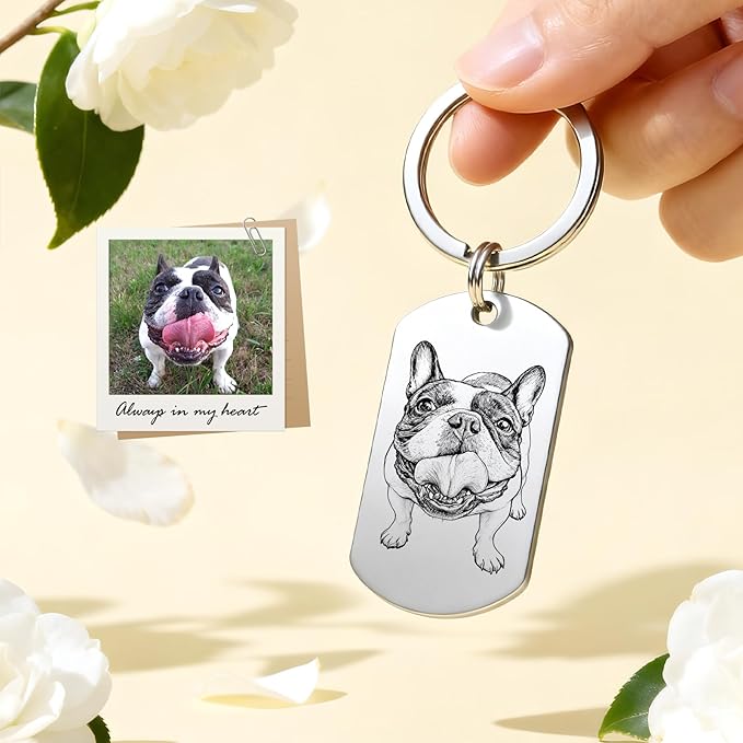 Custom Dog or Cat Portrait Keychain, Personalized Photo Engraved Keychains with Name, Customized Pet Memorial Gifts for Loss of Pets (Dog Tag – Memorial Style)