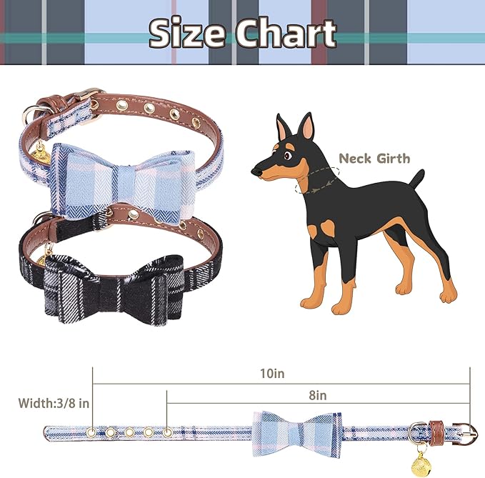 PUPTECK Puppy Collar with Bell XXS Dog Collar Charm Adjustable Bowtie Soft Leather for Cats Kittens Extra Small Dogs 2 Packs